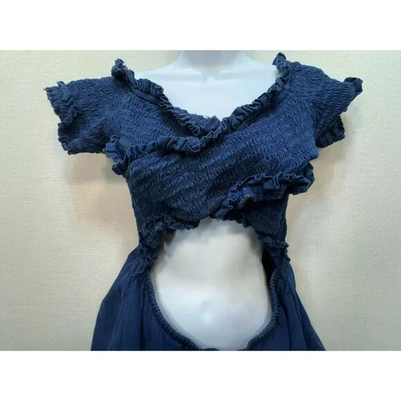 American Eagle Outfitters Womens Smocked Sexy Denim Romper Size L Navy Cutout - Picture 4 of 11